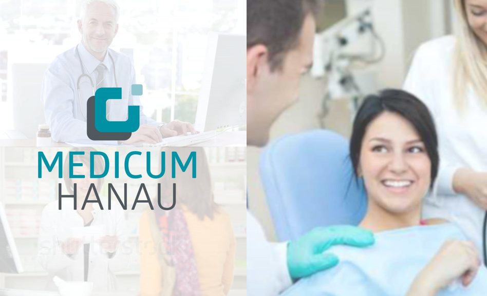 Logo Medicum Hanau neben einer Szene in einer Zahnarztpraxis